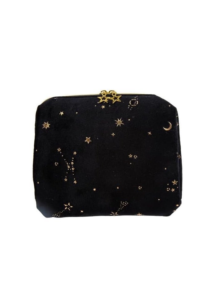 Daiso Velour Feel Pouch | Stars & Square Design | Black | Soft Zip Storage Pouch for Cosmetics & Accessories - Image 1